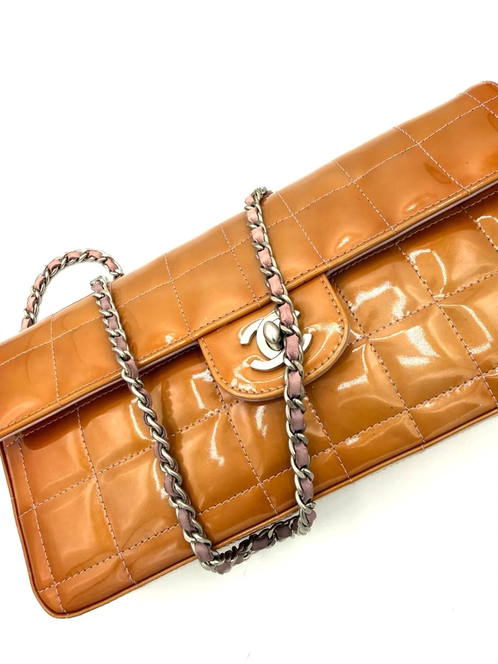 CHANEL Quilted Orange Patent Leather Chocolate Bar CC Flap Bag